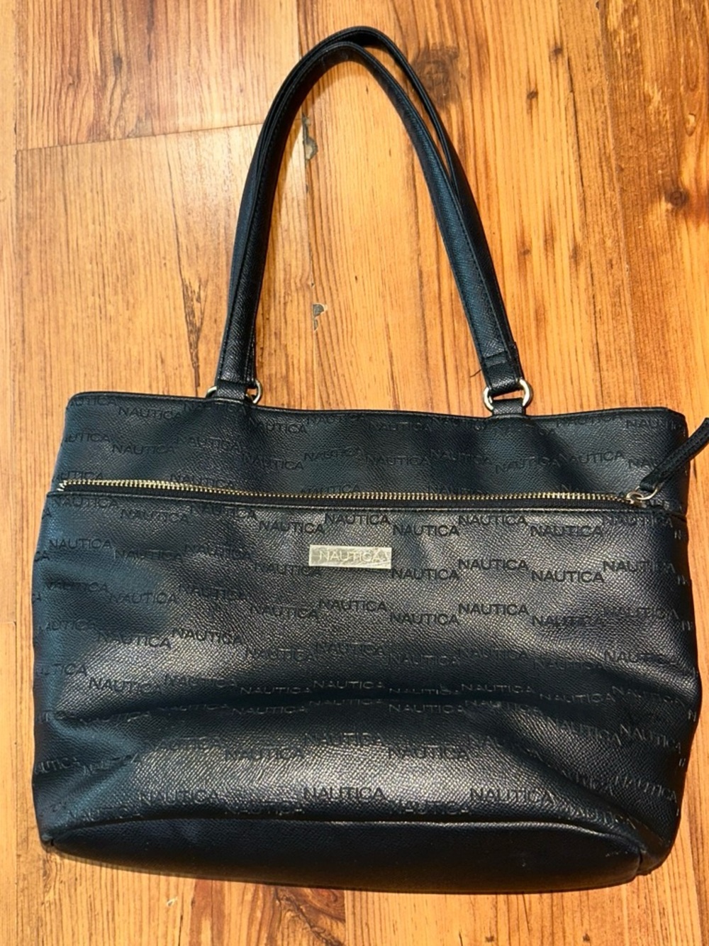 Nautica Black Embossed Logo Tote with Gold Hardware